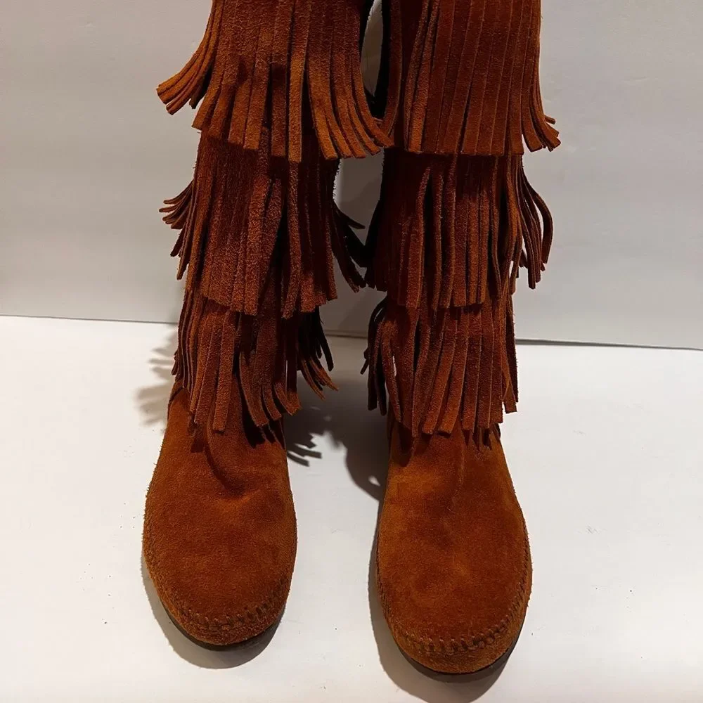 Minnetonka Shoes Womens 10 Boots Brown Western Moccasins Fringes Native Mid Calf - Picture 4 of 8